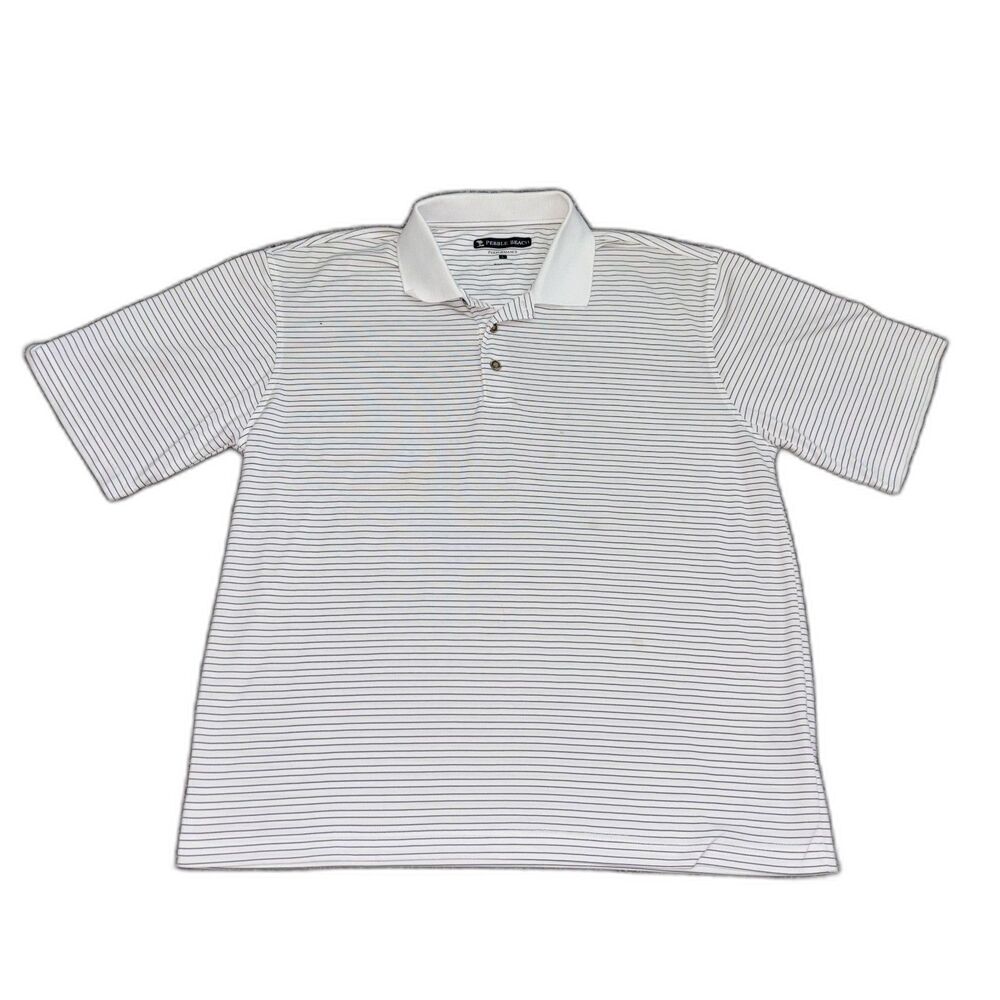 Pebble Beach Performance Striped Golf Polo Shirt White Gray Size Large
